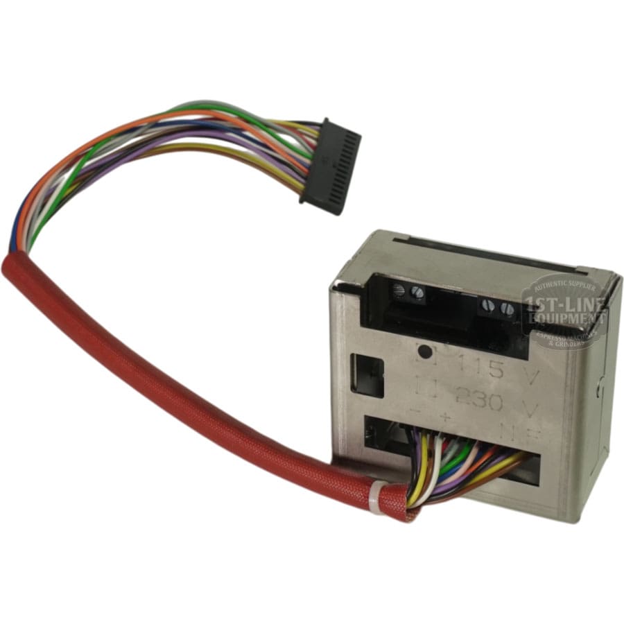 The Bezzera 5968144 White PID Kit 110V is a metal electrical component with a multicolored wiring harness, voltage markings (115V, 110V, 230V), connector, and red protective wire sleeve—perfect for PID kit setups. © 2025 1st-line.com