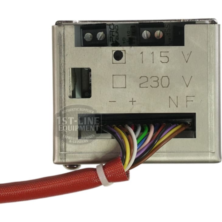 The Bezzera 5968144 White PID Kit 110V is a metal electrical control box with a visible voltage selector (115V/230V, includes 110V), multiple colored wires at the bottom, and an insulated red cable. © 2025 1st-line.com