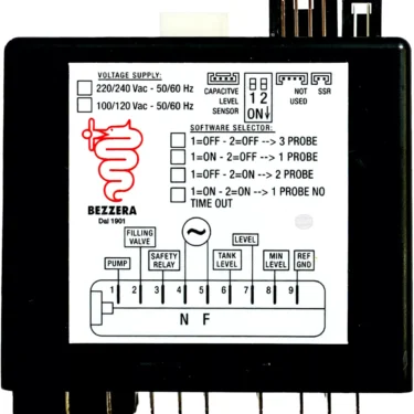 The Bezzera 7661006R Brain Unit / Water Level Regulator 110V is a black control box with wiring diagram, settings chart, and red serpent Bezzera logo on a white label, multiple bottom pins, and selectable switch positions. © 2025 1st-line.com