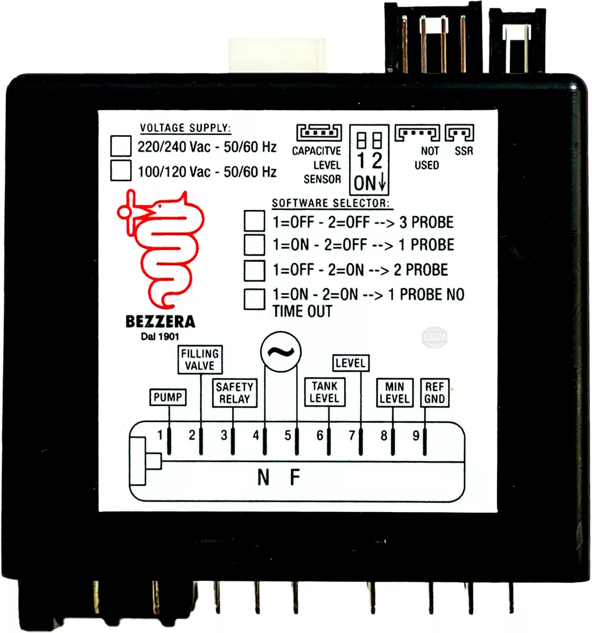 The Bezzera 7661006R Brain Unit / Water Level Regulator 110V is a black control box with wiring diagram, settings chart, and red serpent Bezzera logo on a white label, multiple bottom pins, and selectable switch positions. © 2025 1st-line.com