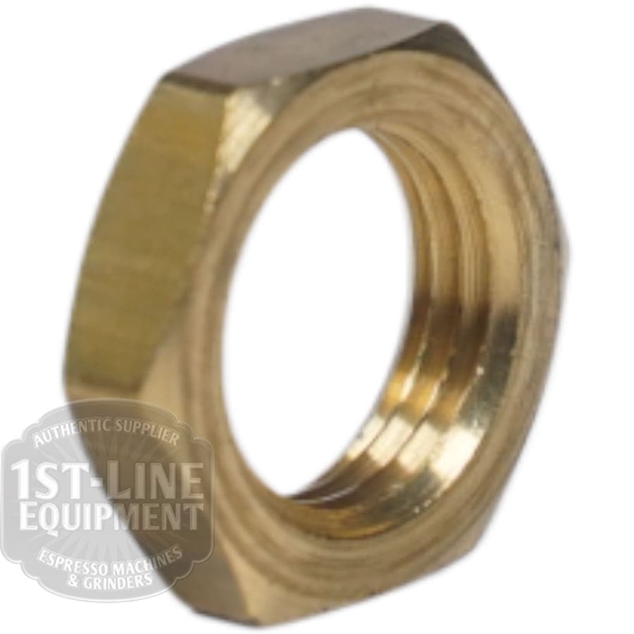The Elektra 00637014 Pump Pressure Gauge Lock Nut, a brass hexagonal nut with internal threading, is shown angled on a white background with a 1st-Line Equipment watermark in the lower left corner. © 2025 1st-line.com