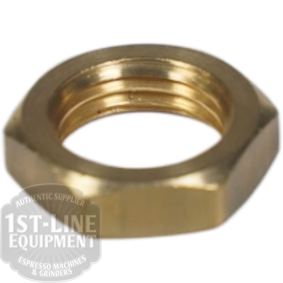 The Elektra 00637014 Pump Pressure Gauge Lock Nut is a brass hexagonal nut with internal threading, perfect for securing gauge components. Shown on a white background. © 2025 1st-line.com