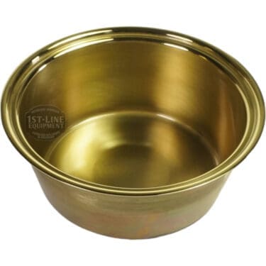 The Elektra 00656019 Brass Drip Tray is a shiny, metallic gold bowl with smooth sides and a rounded rim, featuring a simple, polished design. It is set against a plain white background and appears empty. © 2025 1st-line.com