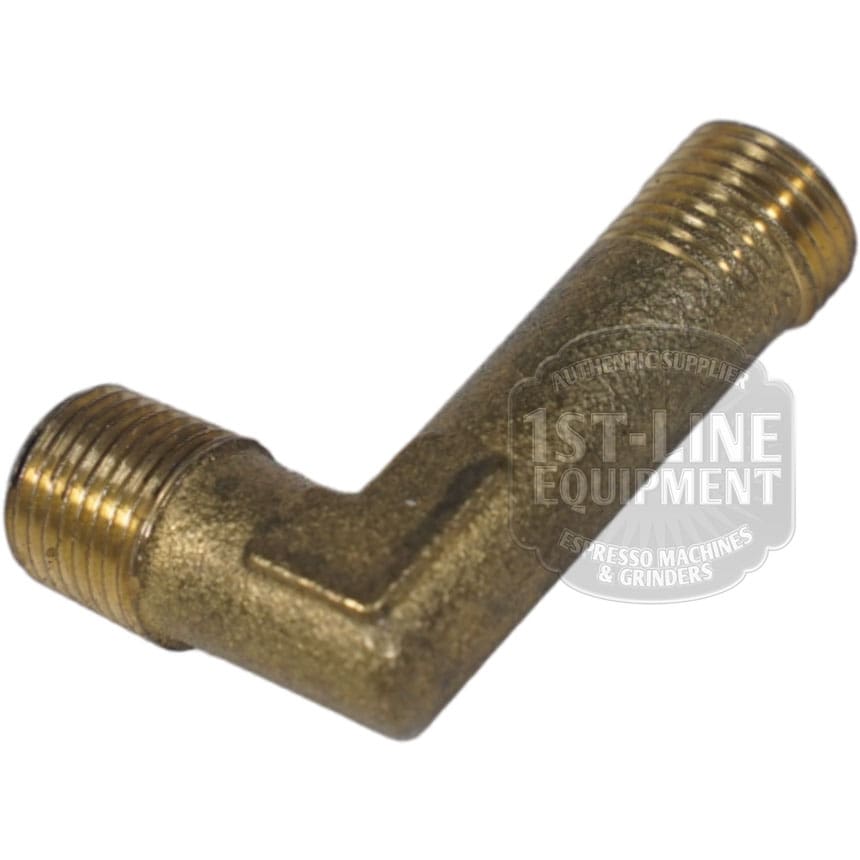 The Elektra 01248035a Manifold Fitting is a brass, L-shaped connector with male threads on both ends, designed for plumbing or espresso machine use. © 2025 1st-line.com