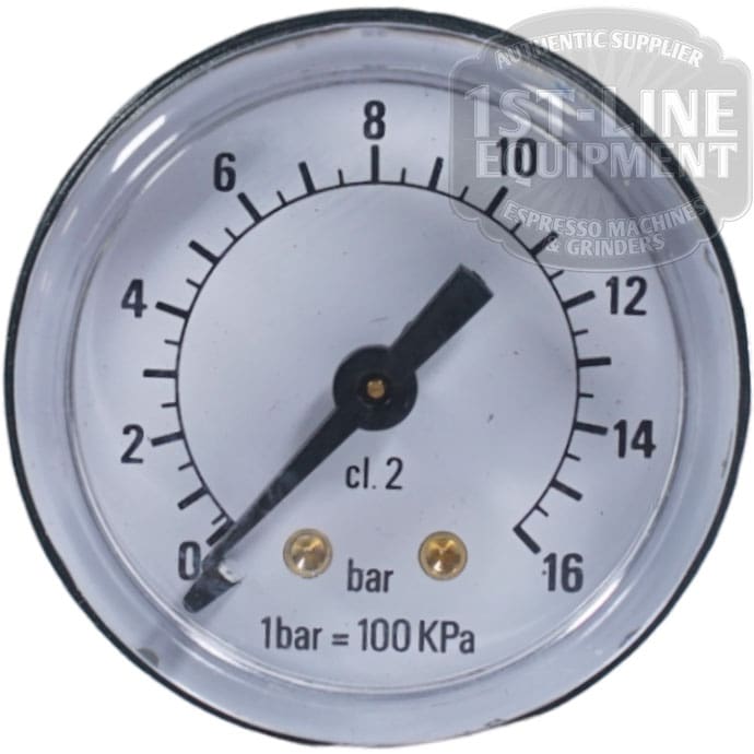 The Elektra 03229035 Pump Pressure Gauge is a round analog gauge labeled 1 bar = 100 KPa, displays up to 16 bar with black markings, shows about 8 bar, and is branded 1ST-LINE EQUIPMENT. © 2025 1st-line.com