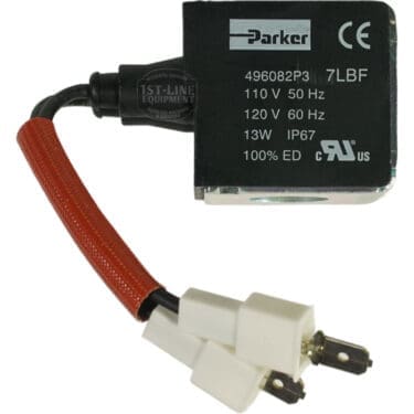 The Elektra 06603059 Grouphead Wired Coil is a black wired coil with a red protective sleeve and white connectors, labeled with voltage, frequency, power, and certification—perfect for Elektra machines or grouphead use. © 2025 1st-line.com