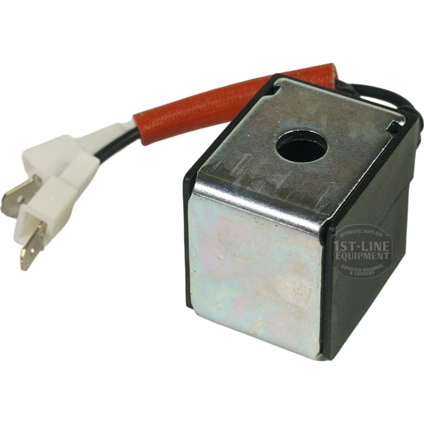 The Elektra 06603059 Grouphead Wired Coil is a rectangular metal solenoid with a central hole and two white connectors linked by black and red wires, designed for Elektra grouphead applications. © 2025 1st-line.com