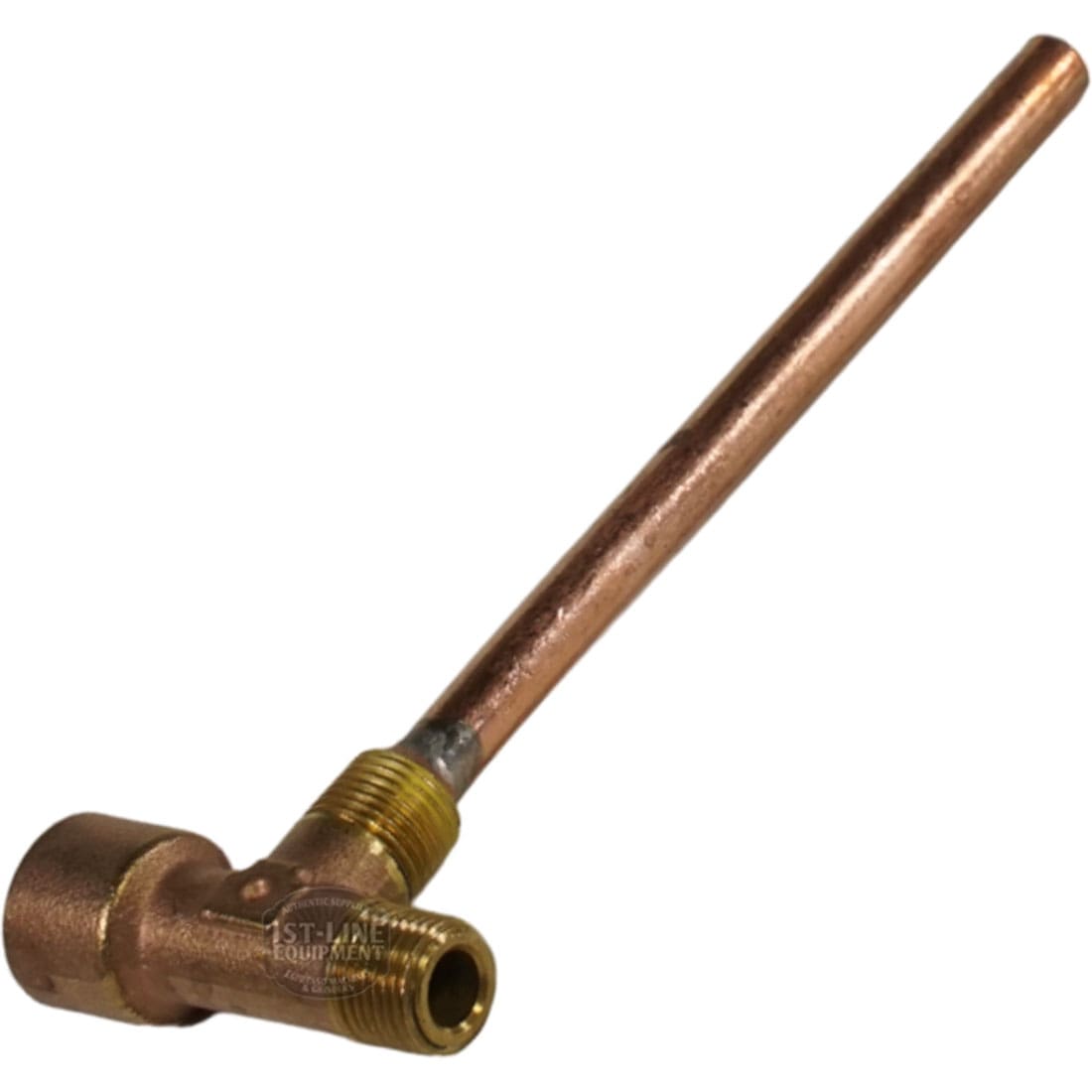 The La Nuova Era NE050010+NE085002 Injector is a copper and brass plumbing fitting with a long horizontal copper tube joined to a brass angled connector featuring threaded ends for easy pipe installation. © 2025 1st-line.com