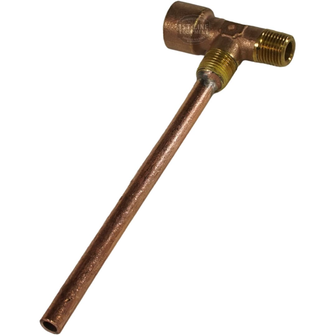 The La Nuova Era NE050010+NE085002 Injector is a copper and brass T-shaped plumbing fitting with a long copper pipe on one end and threaded brass connections, designed for compatibility with select La Nuova Era models. © 2025 1st-line.com