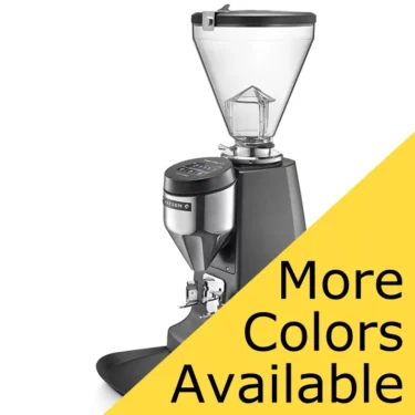 The Mazzer Super Jolly V UP Espresso Coffee Grinder with a clear hopper is shown at an angle. A yellow diagonal banner reads, More Colors Available. © 2025 1st-line.com