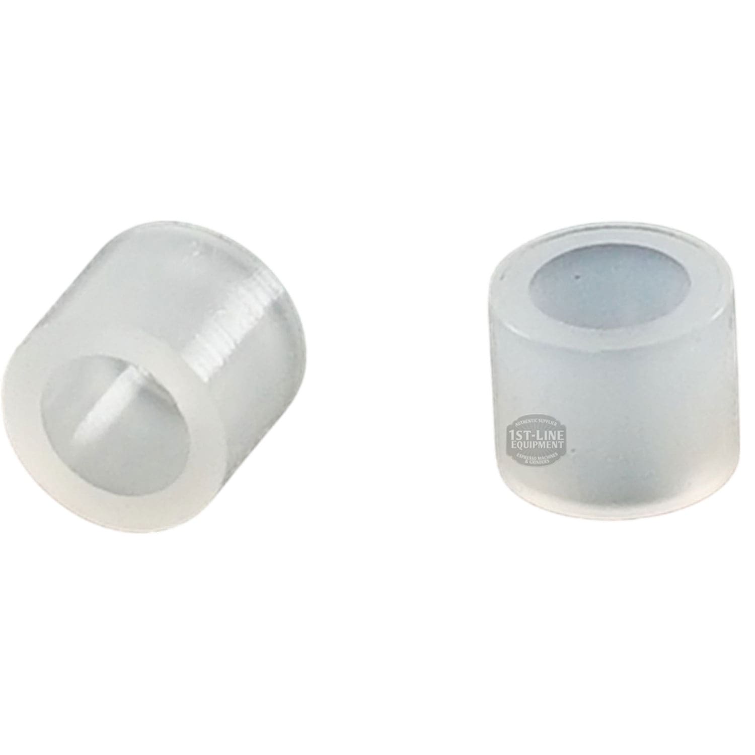 Two small, translucent cylindrical plastic spacers with smooth surfaces and a central hole on a white background—ideal for use with the Bezzera 5968144 White PID Kit 110V. © 2025 1st-line.com