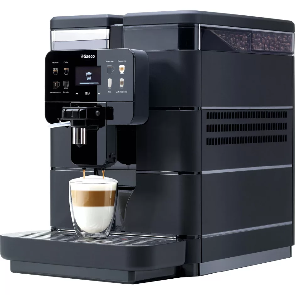 The discontinued Saeco New Royal OTC Super-Automatic Espresso Machine brews a layered cappuccino into a clear glass, with coffee beans in the top-right compartment and intuitive touch controls on the front panel. © 2025 1st-line.com