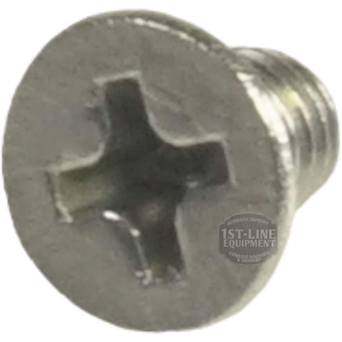 A close-up shows the Lelit 9100040 Screw TSPIC M4X6 UNI7046 INOX A2 with its Phillips head, precise threading, and flat round top, displayed against a plain background. © 2025 1st-line.com