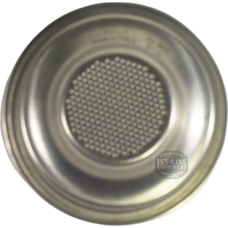A close-up view of the Lelit 1600065 IMS 58mm 1-Cup Filter Basket (9-11g), a round metal basket with multiple small center holes and a smooth rim. © 2025 1st-line.com
