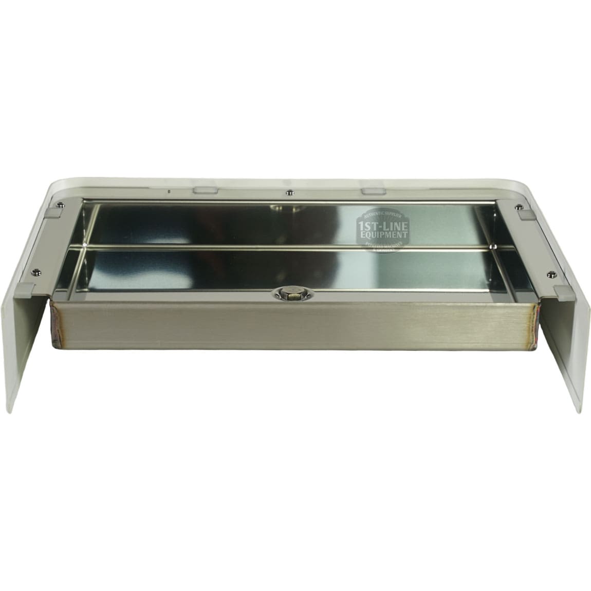 A rectangular stainless steel drawer with a reflective interior, metal rails, and front panel on a white frame labeled 1st-Line Equipment. Compatible with the Lelit 1000257 White Drip Tray Assembly - Bianca. © 2025 1st-line.com