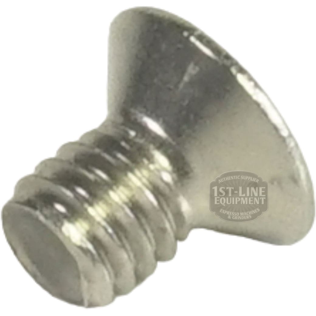 Close-up of a Lelit 9100040 Screw TSPIC M4X6 UNI7046 INOX A2, a silver flat-head screw with threaded shaft, typically used in Lelit equipment, displayed on a plain white background. © 2025 1st-line.com