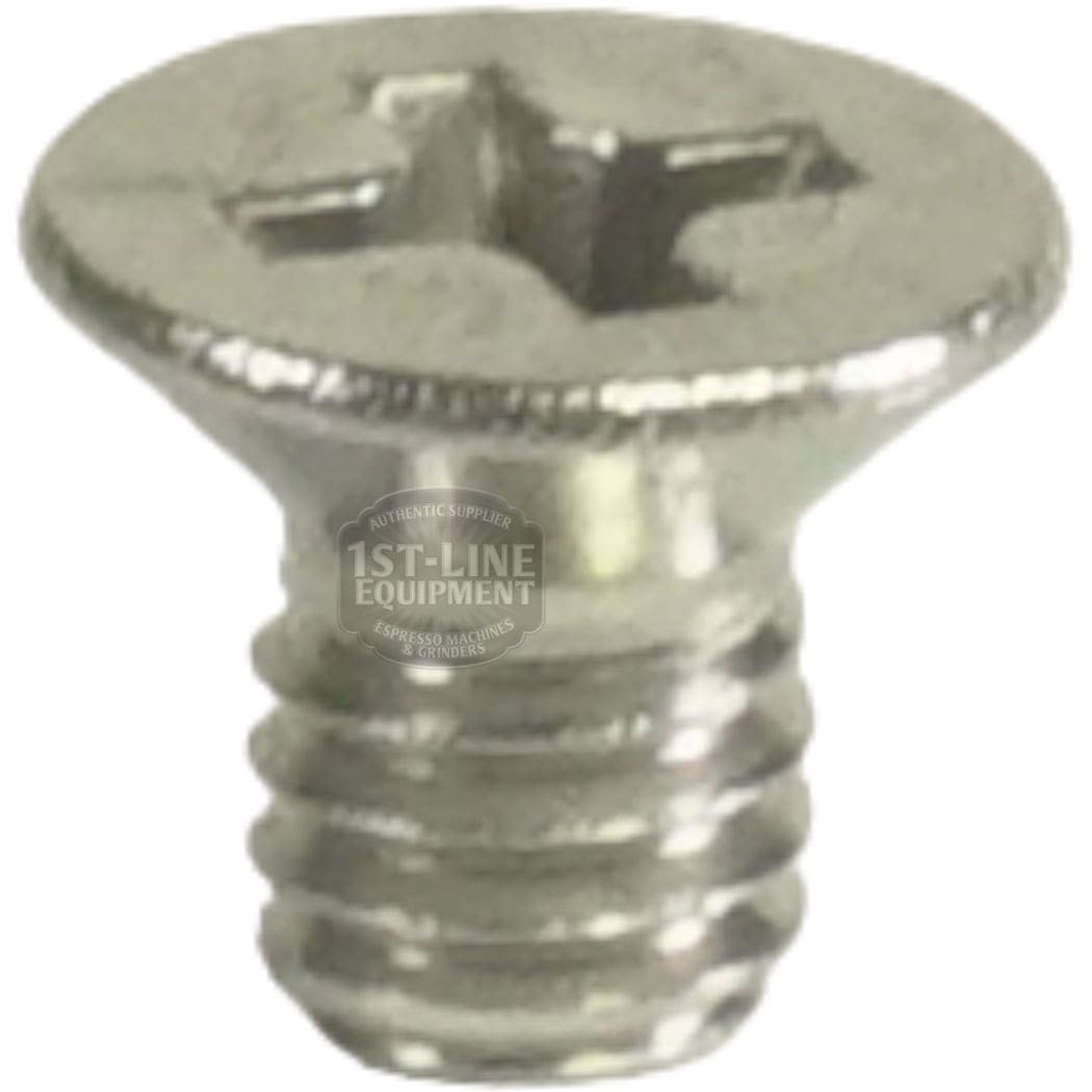 Close-up of a single Lelit 9100040 Screw TSPIC M4X6 UNI7046 INOX A2, silver and metallic with a flat-head Phillips design, shown angled on a white background. © 2025 1st-line.com