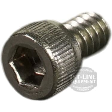 Close-up of a Slayer 44004-36040 Socket Head Cap Screw with a knurled cylindrical head and threaded body, resting on its side. 1st-Line Equipment is faintly marked on the screw head. © 2025 1st-line.com