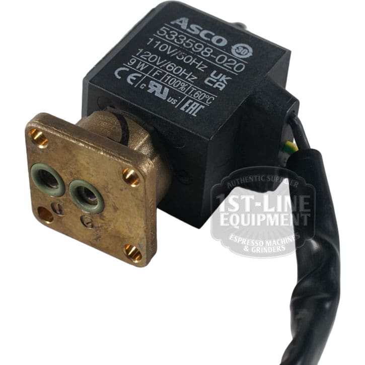 Close-up of the VBM ELETELE3VCAB100 Solenoid Valve featuring a black plastic coil, brass base showing voltage specs, and attached black cable. The 1ST-LINE EQUIPMENT watermark is visible. Compatible with VBM machines. © 2025 1st-line.com