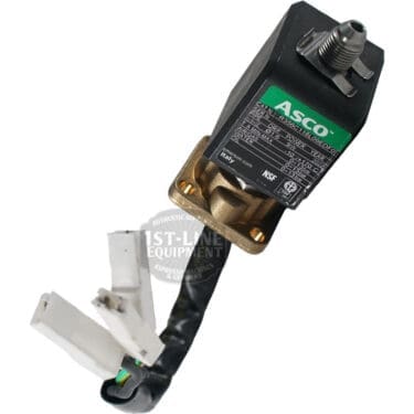 Close-up of the VBM ELETELE3VCAB100 Solenoid Valve with a black body, metal fitting, and attached wiring. The label shows technical specs and certifications, set against a white background. © 2025 1st-line.com