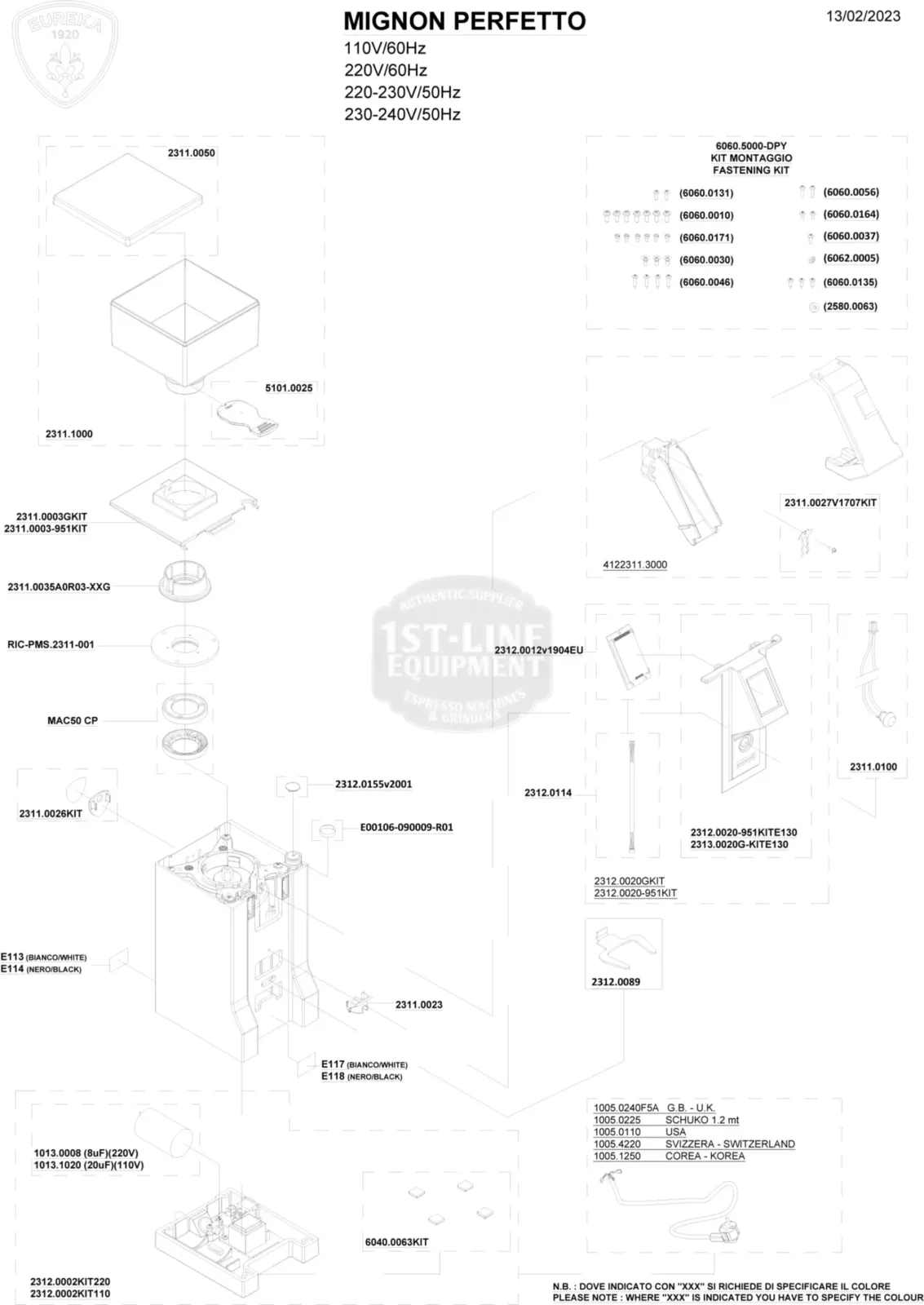 Exploded diagram of the Mignon Perfetto coffee grinder, showing labeled parts, part numbers, and assembly instructions in black and white with some parts highlighted in light gray. Technical details are listed at the top. © 2025 1st-line.com