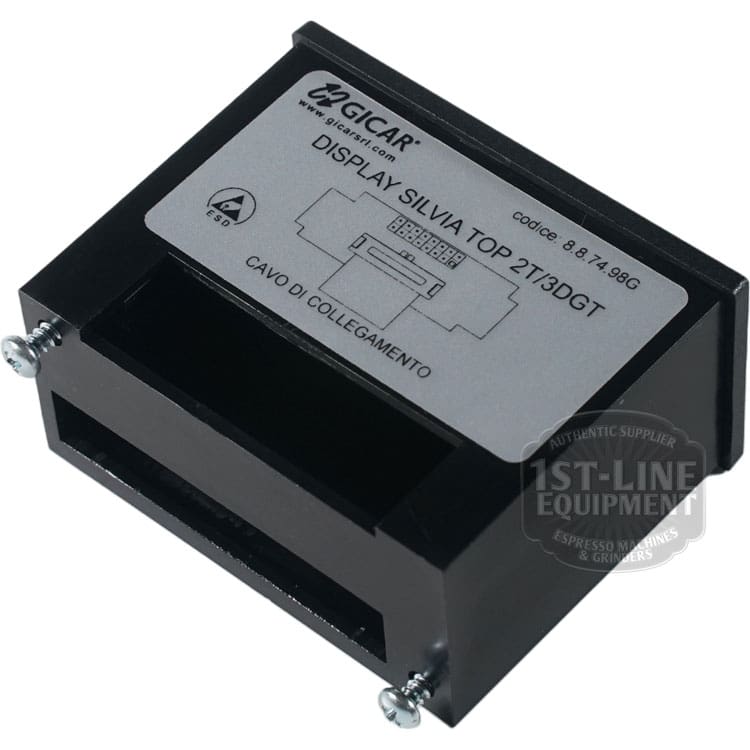 Rectangular black electronic display module with connector ports and digital readout, labeled Rancilio 10701630 Display Assembly—compatible with Silvia Pro espresso machines for precise control. © 2025 1st-line.com