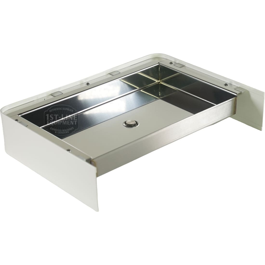 Rectangular stainless steel cash drawer with shiny finish, central round keyhole, and white side panels inspired by the Lelit 1000257 White Drip Tray Assembly – Bianca. Open drawer shows compartments for organizing cash or coins. © 2025 1st-line.com