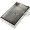 The Bezzera 5968124 Drip Tray w/ Drain - Duo/Matrix is a rectangular stainless steel tray with a central drain hole, raised edges, and a reflective surface, designed for viewing from above at an angle. © 2025 1st-line.com