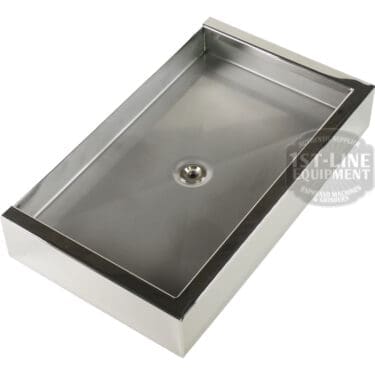 The Bezzera 5968124 Drip Tray w/ Drain - Duo/Matrix is a rectangular stainless steel tray with a central drain hole, raised edges, and a reflective surface, designed for viewing from above at an angle. © 2025 1st-line.com
