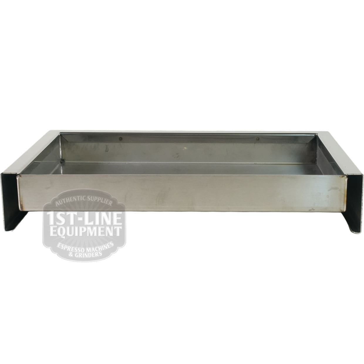 The Bezzera 5968124 Drip Tray w/ Drain - Duo/Matrix is a stainless steel rectangular base with raised sides and open front, ideal for espresso machines. It features subtle 1st-Line Equipment branding on the lower left. © 2025 1st-line.com