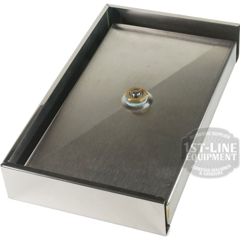 The Bezzera 5968124 Drip Tray w/ Drain is a rectangular stainless steel tray for Duo/Matrix espresso machines, featuring a raised edge, central screw or bolt, and a shiny, reflective finish. © 2025 1st-line.com
