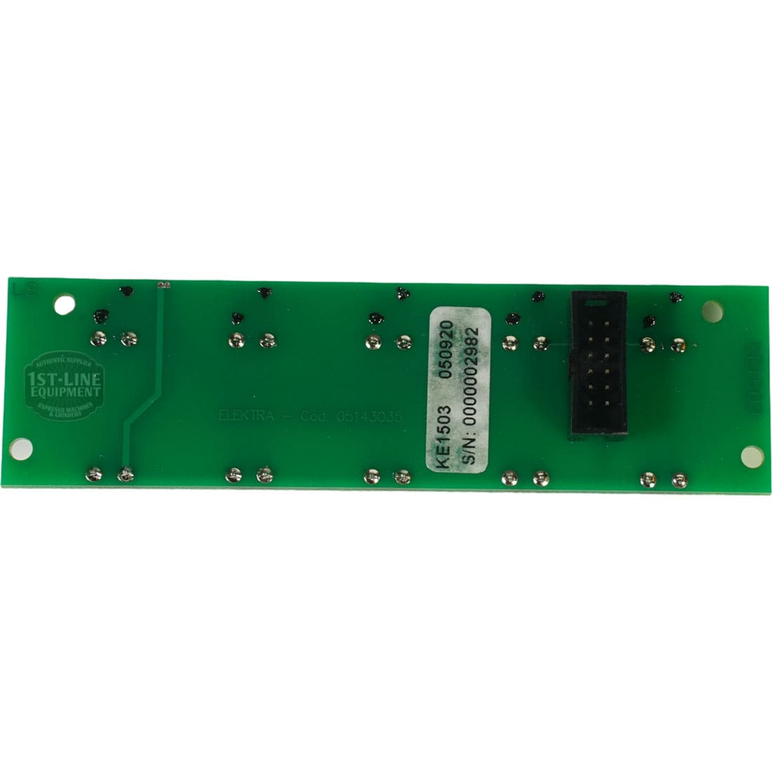 The Elektra 05143035 Electronic Card features multiple components, a black connector, silver solder points, printed labels, barcodes, and the 1st-Line Equipment logo on the left side. © 2025 1st-line.com