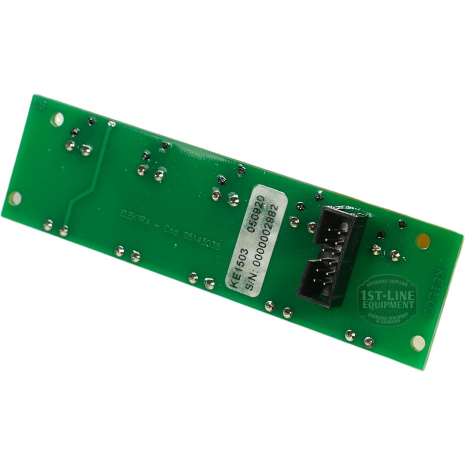 The Elektra 05143035 Electronic Card, featuring a green PCB with visible solder points, connector pins, and a barcode sticker, is shown on a white background. © 2025 1st-line.com