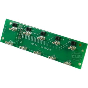 The Elektra 05143035 Electronic Card is a green circuit board featuring ten push buttons, metal connectors, numbered labels, codes, and a faint 1st-Line Equipment watermark. © 2025 1st-line.com