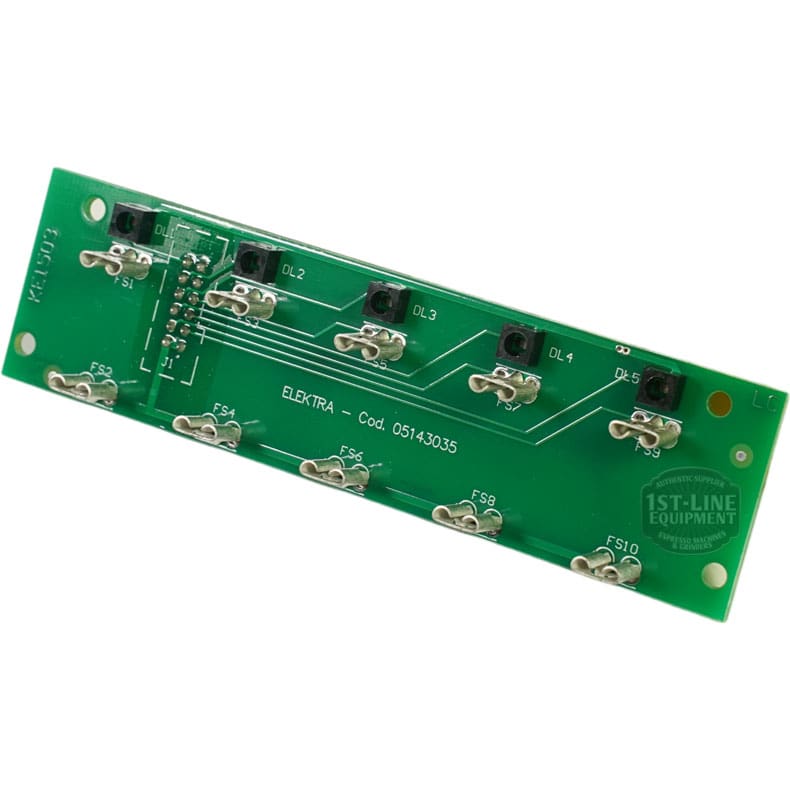 The Elektra 05143035 Electronic Card is a green circuit board featuring ten push buttons, metal connectors, numbered labels, codes, and a faint 1st-Line Equipment watermark. © 2025 1st-line.com