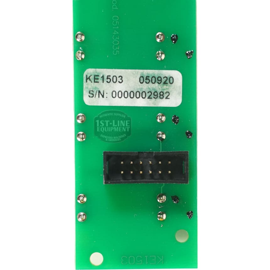 The Elektra 05143035 Electronic Card is green with a black rectangular connector, metal solder points, and white labels showing KE1503 050920, S/N: 0000002982. 1ST-LINE EQUIPMENT appears faintly in the center. © 2025 1st-line.com