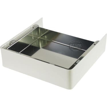 The Lelit 1000247 White Drip Tray MaraX is a rectangular, open-topped white metal tray with a shiny metallic interior, ideal for storing or collecting drips from the MaraX coffee machine or other kitchen equipment. © 2025 1st-line.com