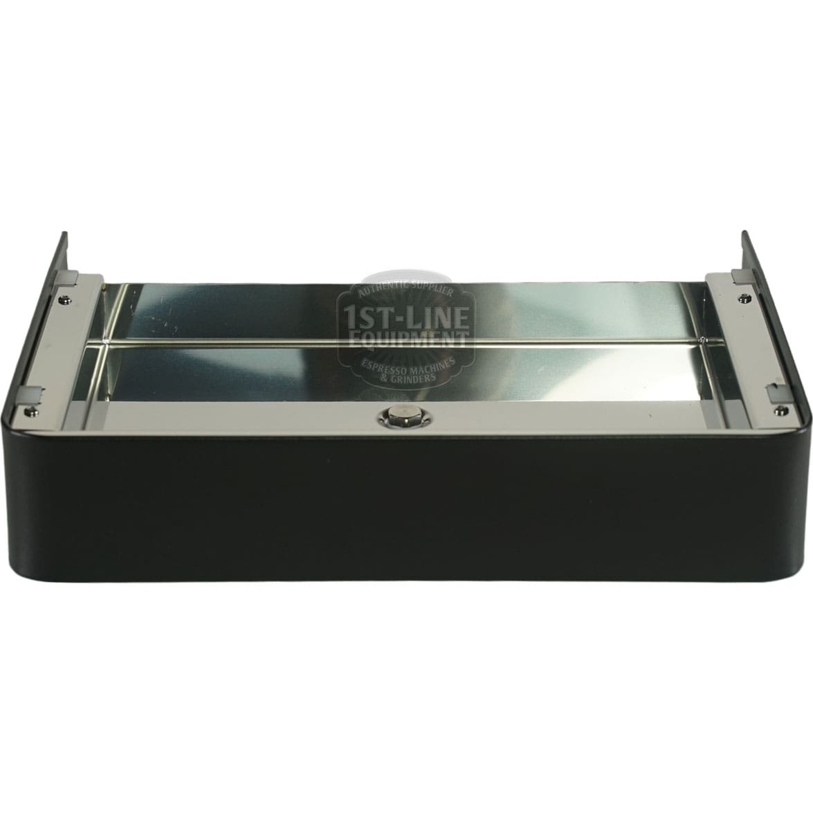 The Lelit 1000256 Black Drip Tray Assembly - Bianca is a rectangular, black and silver espresso machine knock box drawer with a metal top, central handle, and a faint 1st-Line Equipment logo visible on the front surface. © 2025 1st-line.com