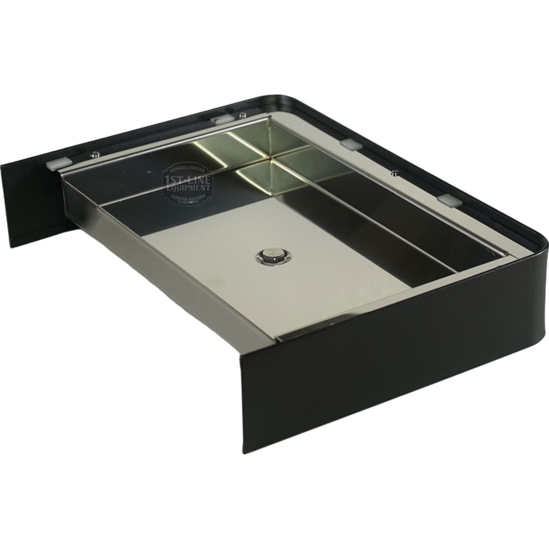 The Lelit 1000256 Black Drip Tray Assembly - Bianca is a rectangular stainless steel tray with raised black edges on three sides, designed to collect excess grease or drippings from your Lelit Bianca espresso machine. © 2025 1st-line.com