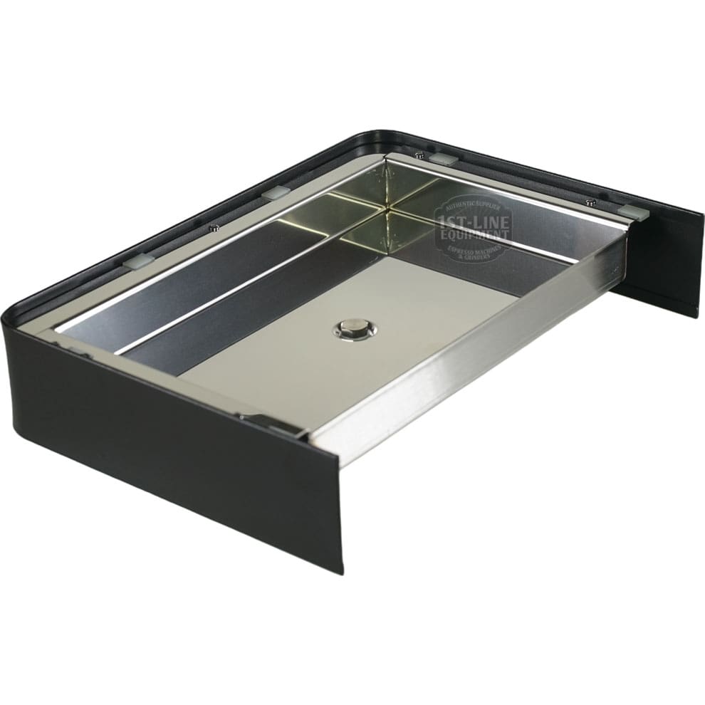 The Lelit 1000256 Black Drip Tray Assembly for Bianca features a rectangular stainless steel design with raised black edges and a central drain hole, making liquid collection and removal easy for your espresso machine. © 2025 1st-line.com