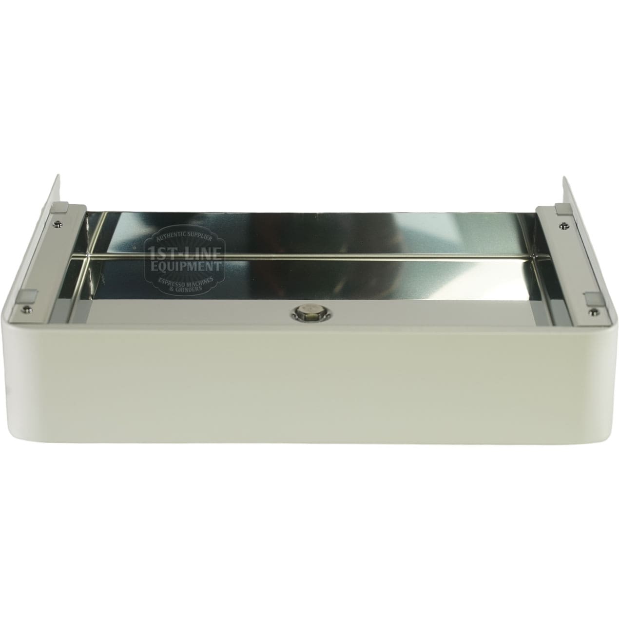 The Lelit 1000257 White Drip Tray Assembly - Bianca is a rectangular metal box with a reflective top, pale sides, two vertical edge brackets, and a small front-centered circular lock. © 2025 1st-line.com