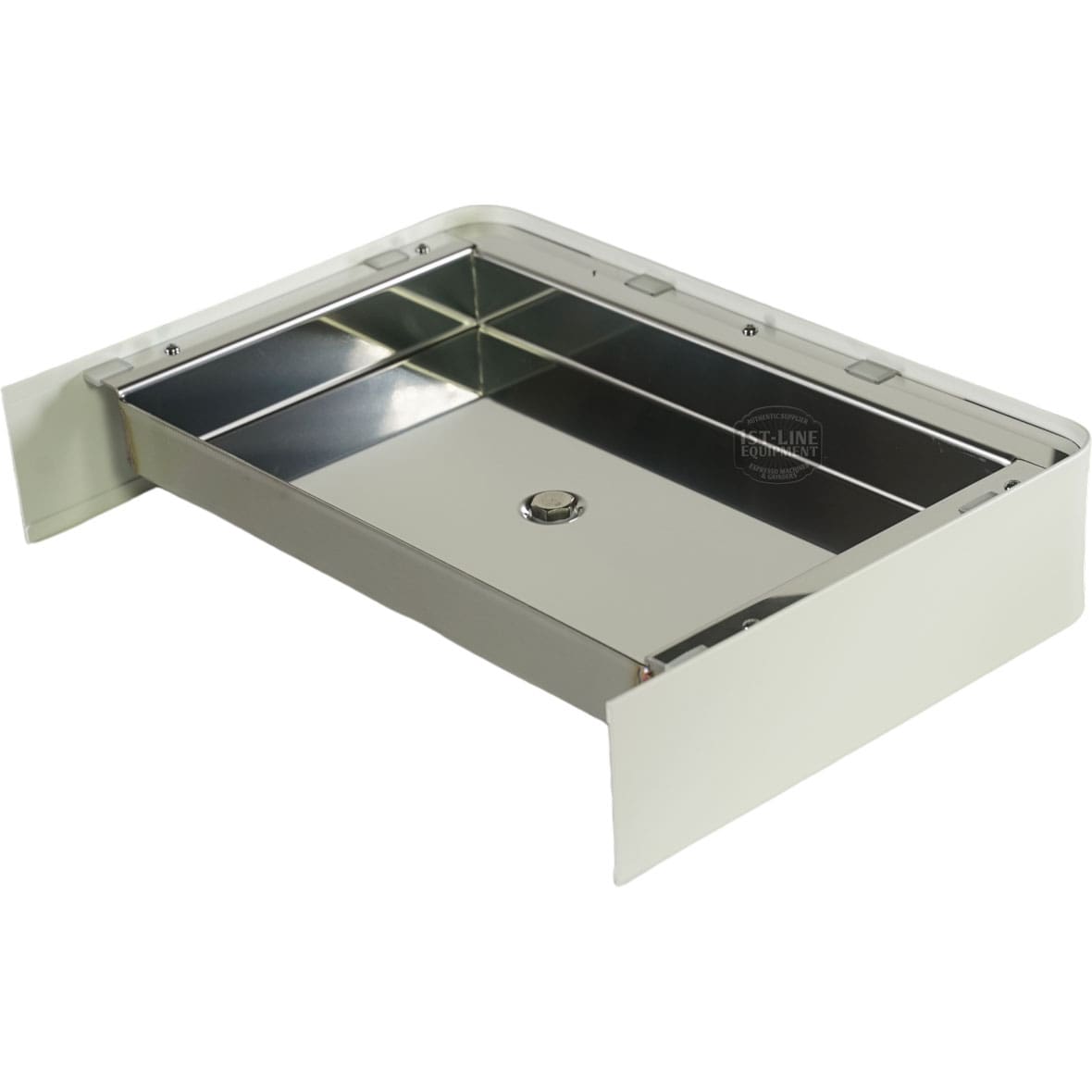 The Lelit 1000257 White Drip Tray Assembly - Bianca is a rectangular stainless steel and white metal tray with raised edges and central drain, designed to catch spills from coffee machines or beverage dispensers. © 2025 1st-line.com