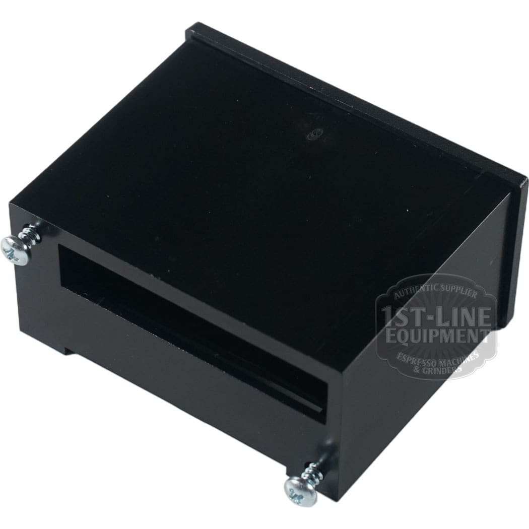 The Rancilio 10701630 Display Assembly - Silvia Pro is a black, rectangular part with a front horizontal slot, two side screws, and a 1st-Line Equipment logo watermark—ideal for use as a display assembly component. © 2025 1st-line.com