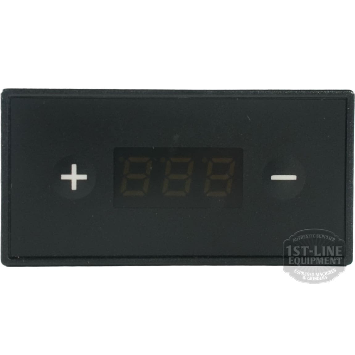 The Rancilio 10701630 Display Assembly – Silvia Pro is black with a blank screen, plus (+) button on the left, minus (−) button on the right, and a 1st-Line Equipment logo in the lower right—compatible with Silvia Pro units. © 2025 1st-line.com