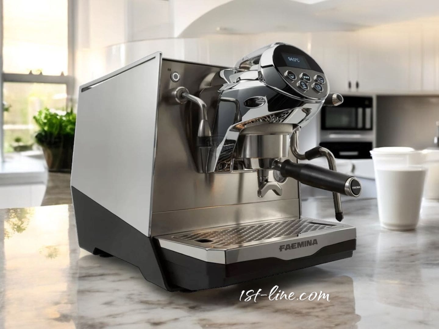 A sleek, modern Faema Faemina Dual Boiler Espresso Machine sits on the kitchen counter beside white mugs, while natural light from nearby windows creates a bright and inviting atmosphere. © 2025 1st-line.com