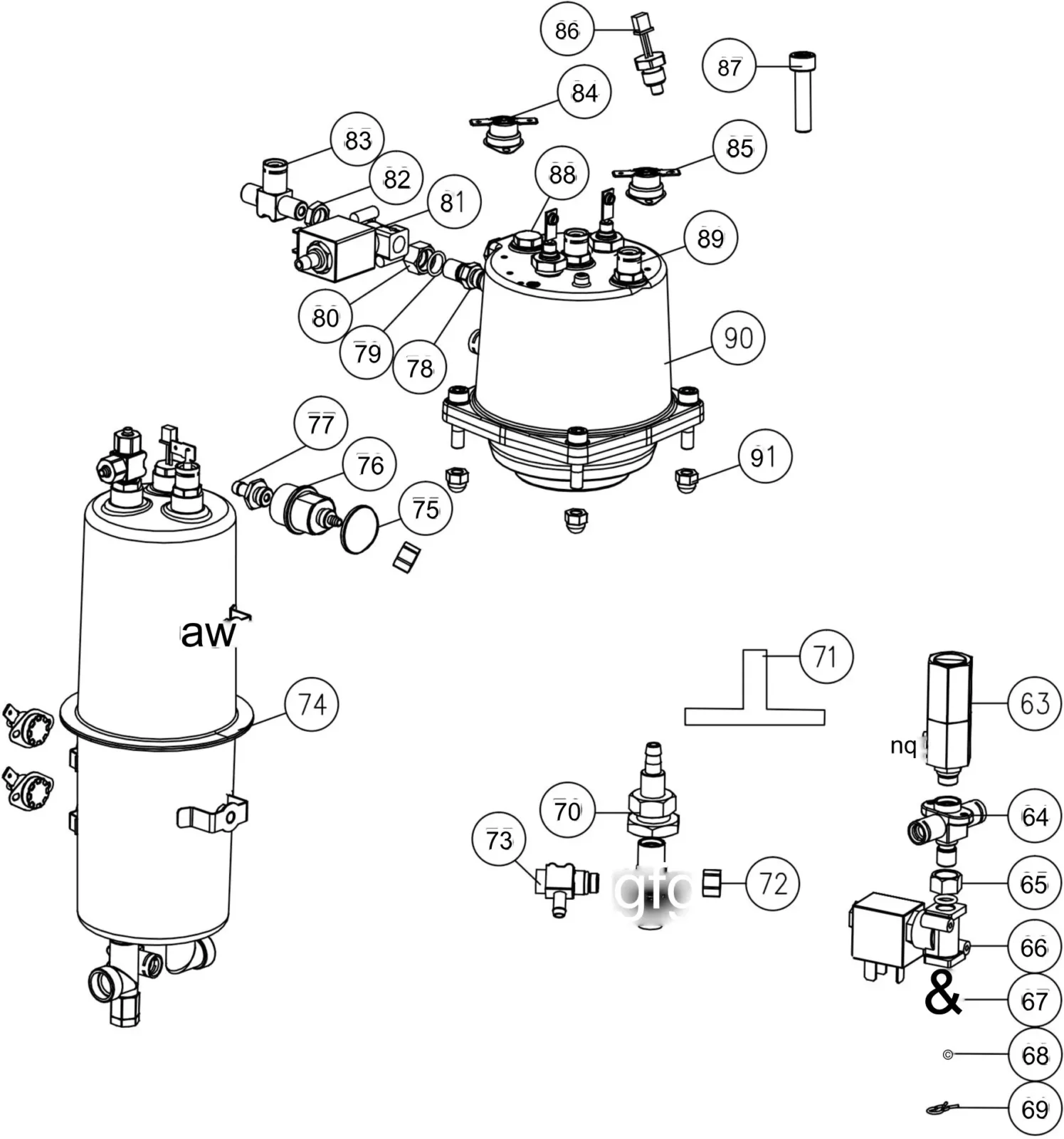 Line drawing exploded parts diagram of a Bellezza Bellona mechanical assembly with multiple numbered components, including cylindrical tanks, valves, bolts, electrical connectors, and fittings arranged and labeled for identification. © 2025 1st-line.com