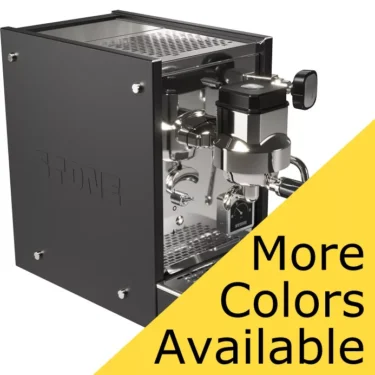 The Stone HX Espresso Machine features a sleek black metal exterior, reflective front, and visible steam wand. A yellow banner in the corner states “More Colors Available.”. © 2025 1st-line.com