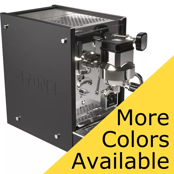 The Stone HX Espresso Machine features a sleek black metal exterior, reflective front, and visible steam wand. A yellow banner in the corner states “More Colors Available.”. © 2025 1st-line.com