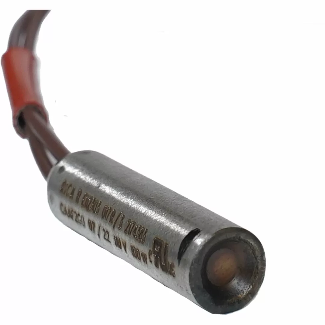 Close-up of a Bezzera 5963306 Cartridge Heating Element, 110V 100W, showing its printed specs on the cylindrical body and attached to an insulated wiring harness. © 2025 1st-line.com