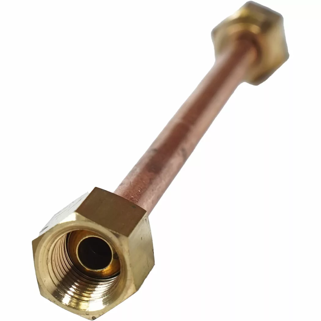 Close-up view of the VBM TUBIP993 Tube Connection from Boiler to Steam Valve, featuring a copper pipe with brass hex nuts and internal threading for secure plumbing fittings, shown on a white background. © 2025 1st-line.com